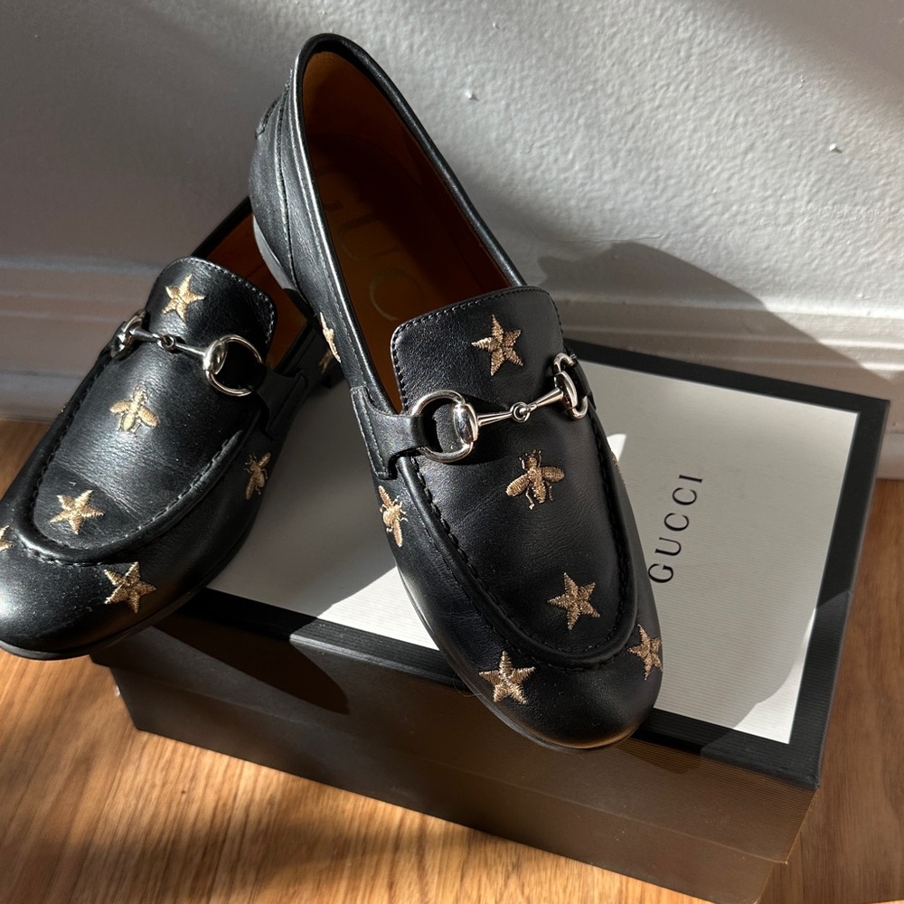 Gucci Black Loafers with Gold Star and Bee Details